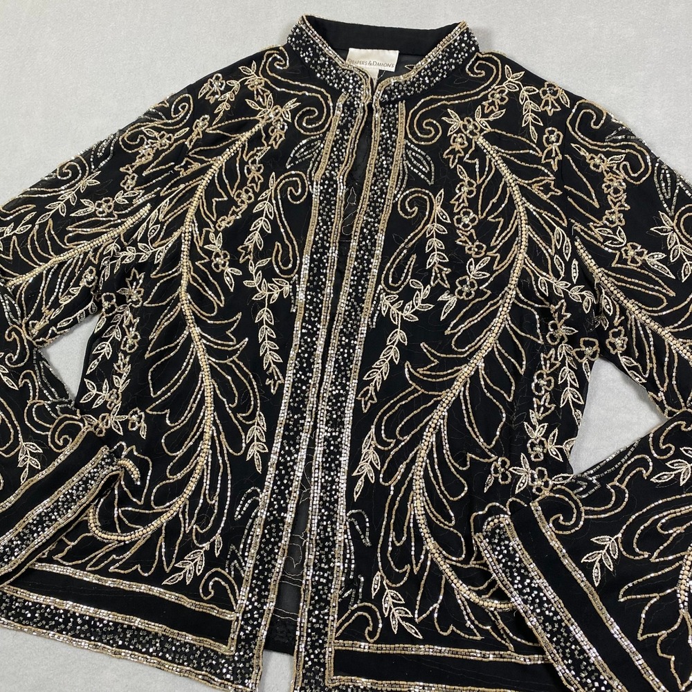 Drapers & Damons Sequin Beaded Jacket Womens M Holiday Glam Floral Blazer Black